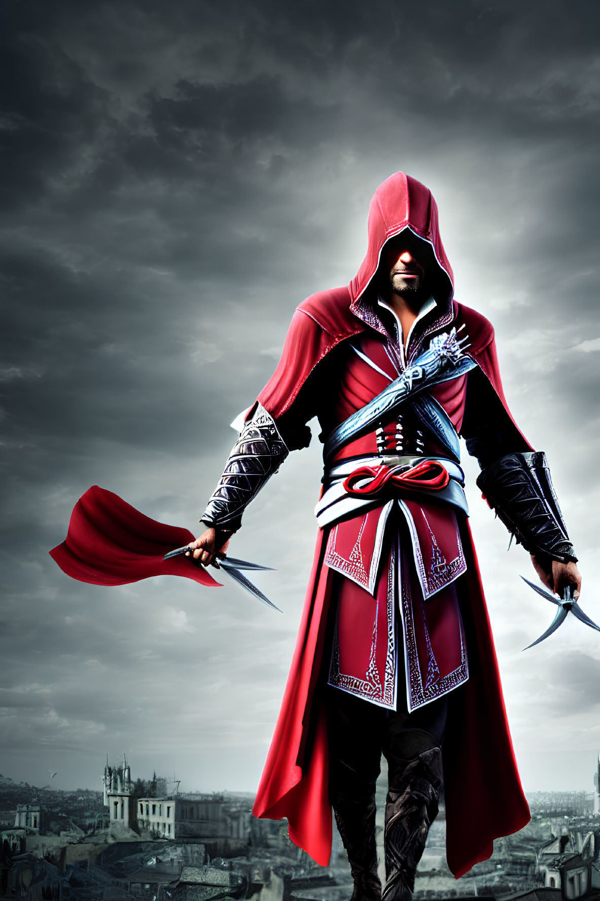 Assassin's Creed costume with hidden blades in cityscape background