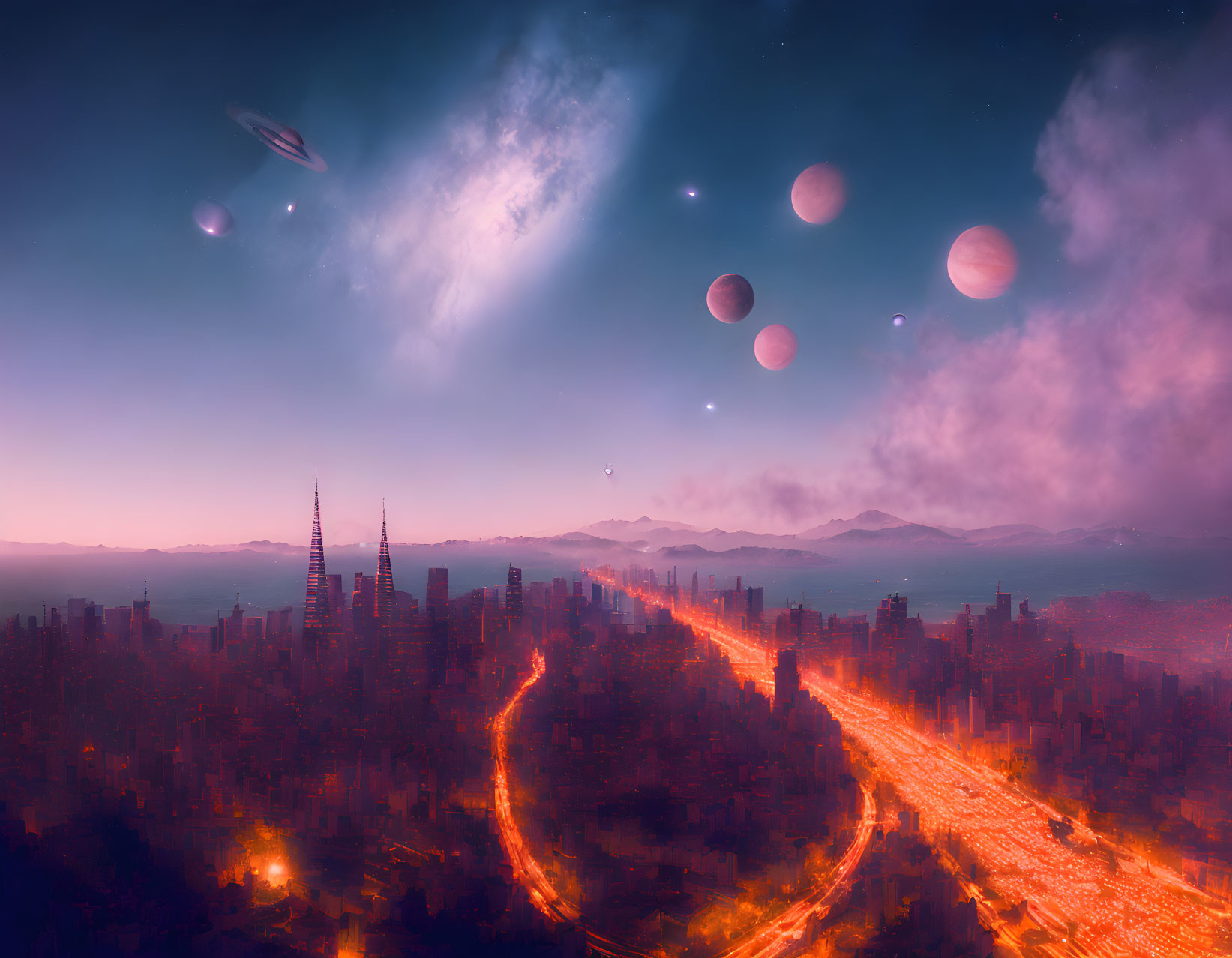 Futuristic cityscape at twilight with multiple moons and galaxy