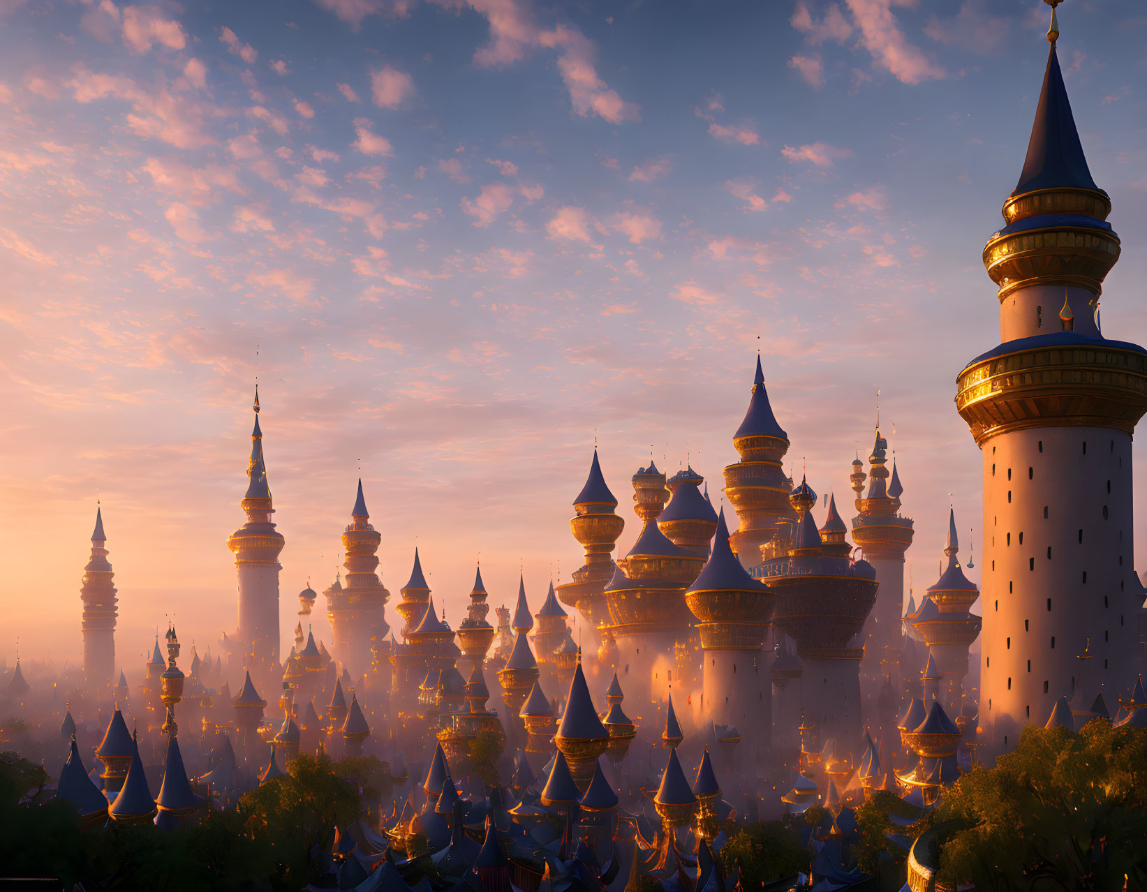 Fantasy landscape with magical spires and towers in warm sunrise light