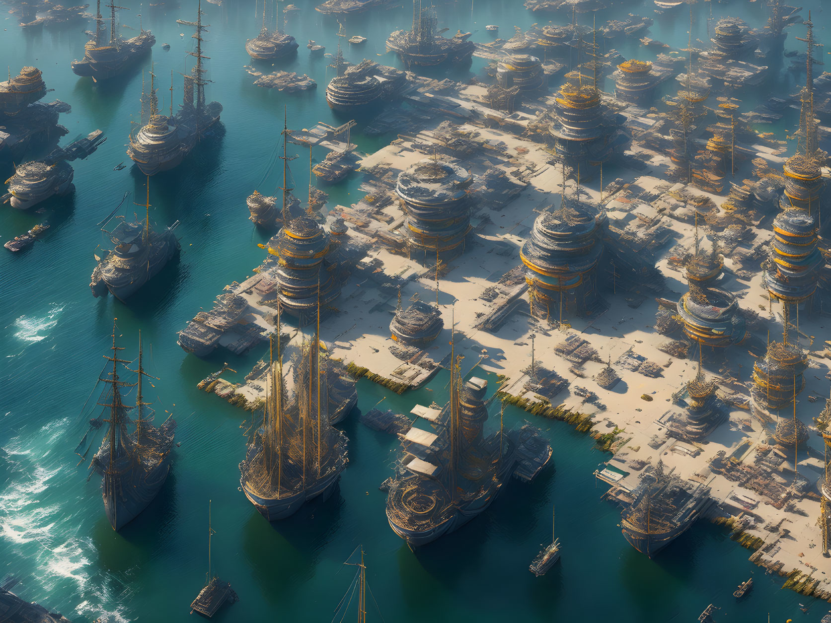 Futuristic port with towering structures and ships in golden sunlight
