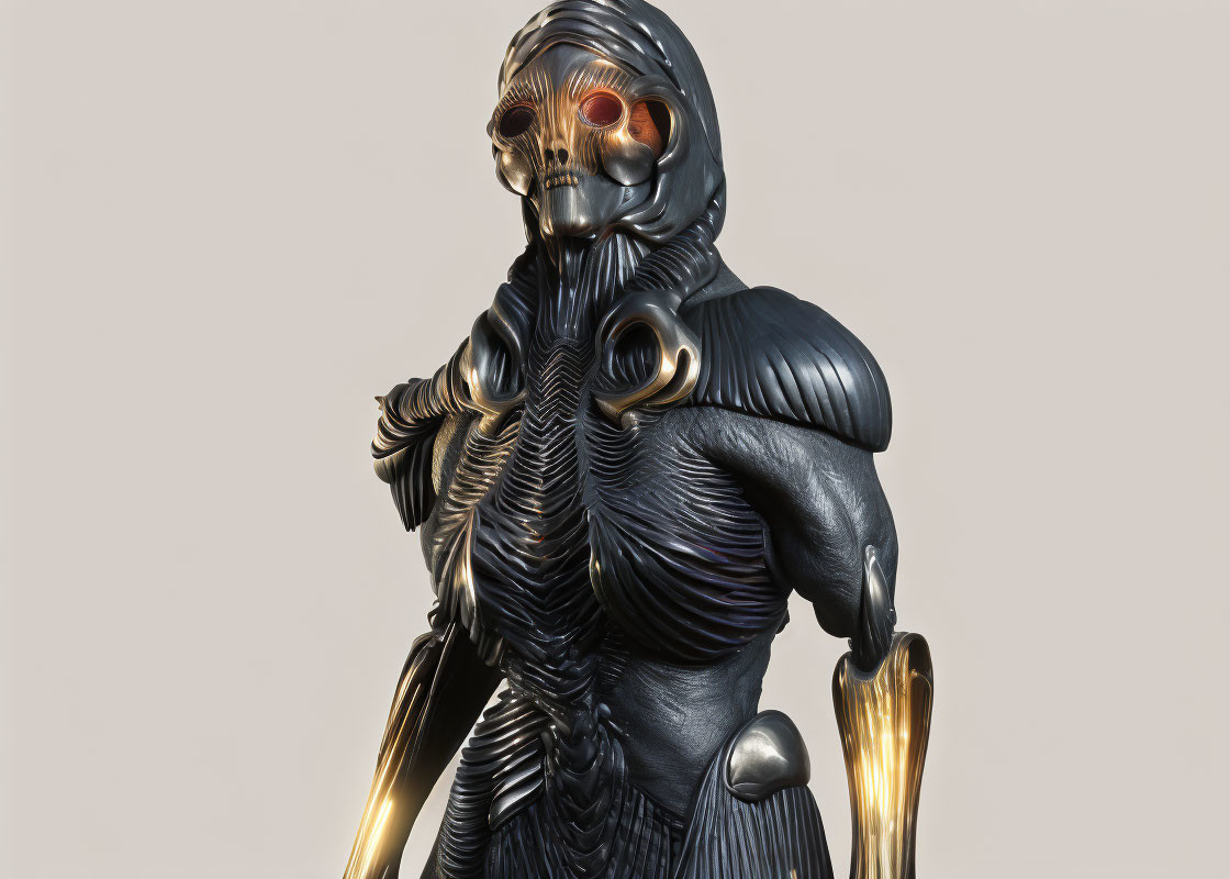 Metallic skull-faced humanoid in black armor with orange eyes on light background