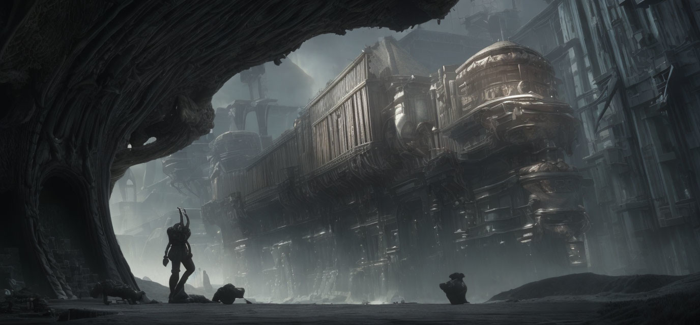 Solitary figure gazes at futuristic train in cavernous space