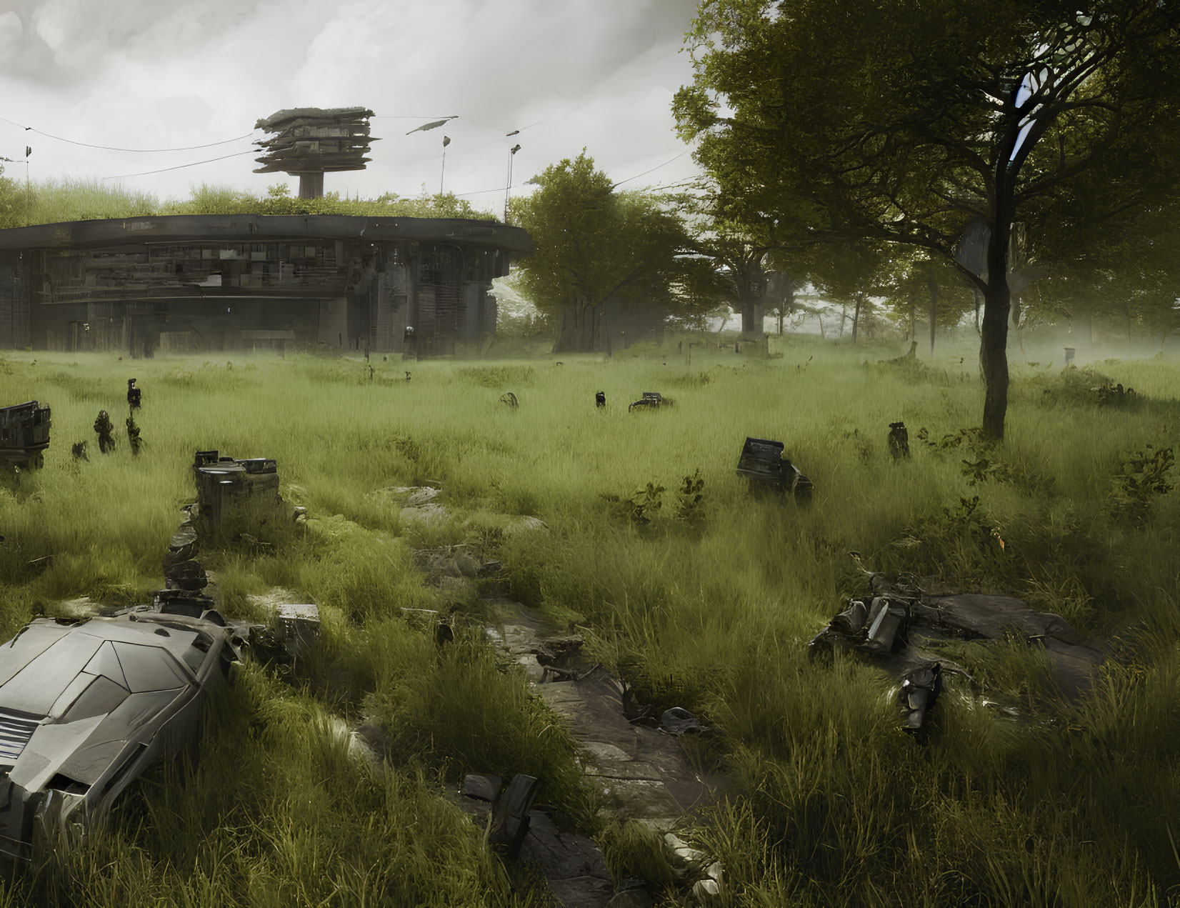 Desolate post-apocalyptic landscape with overgrown vegetation and abandoned cars.