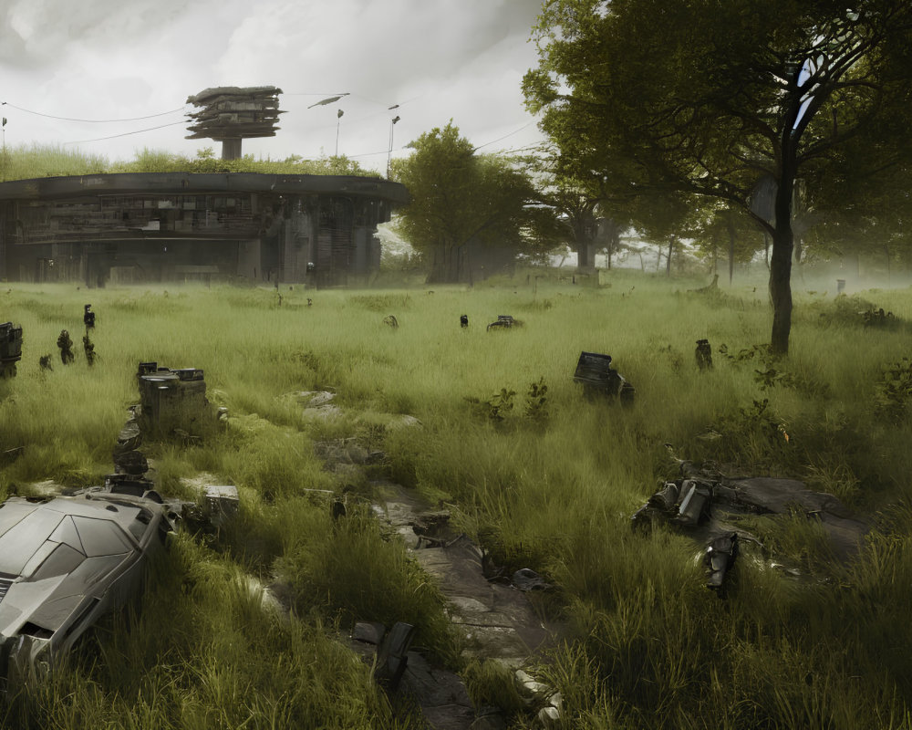 Desolate post-apocalyptic landscape with overgrown vegetation and abandoned cars.