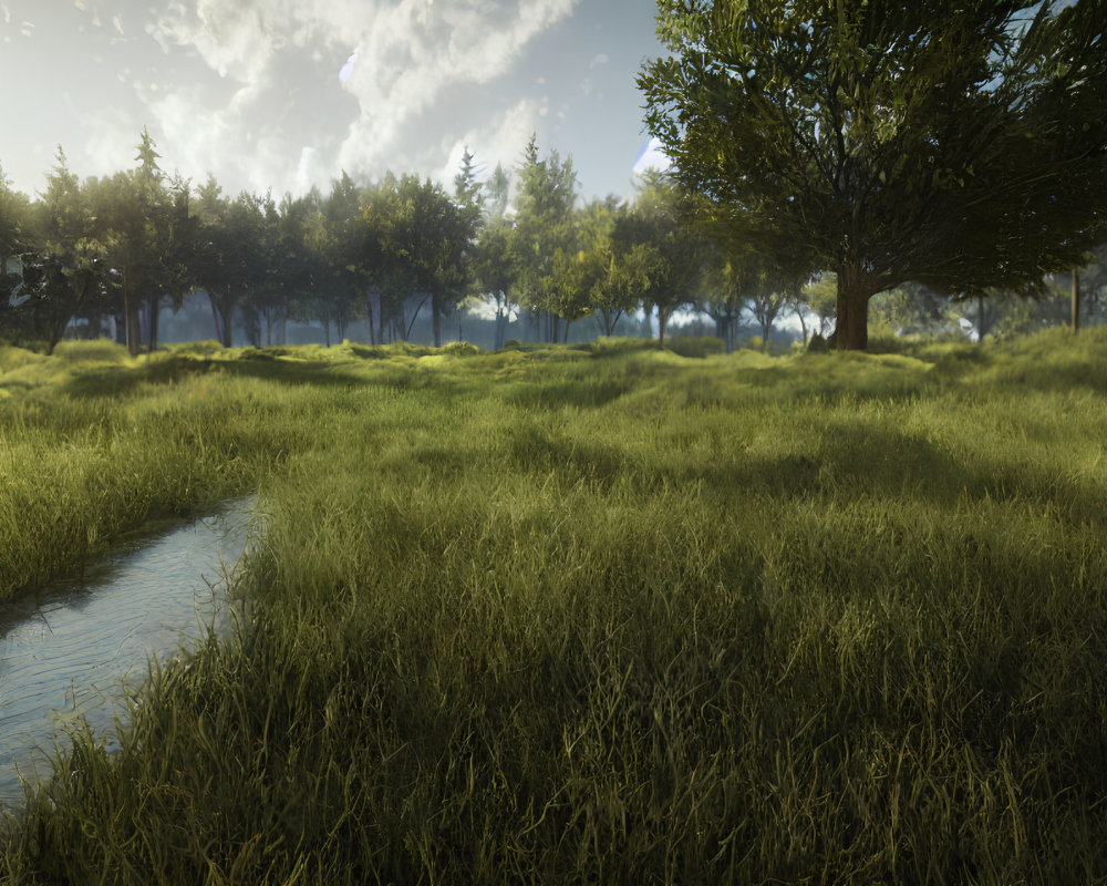 Tranquil landscape with lush meadow, stream, and sunlit sky