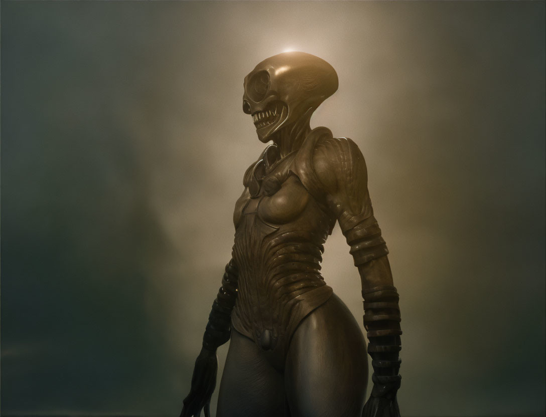Metallic-headed humanoid alien creature in foggy setting
