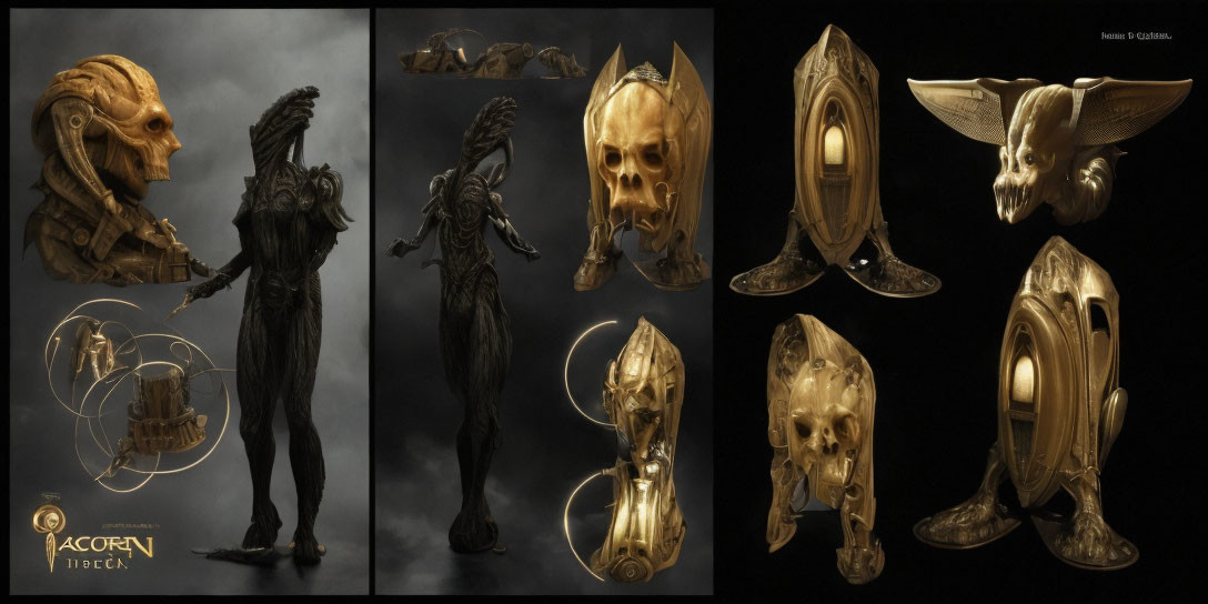 Mechanical creature with humanoid features and ornate animal-like helmet designs