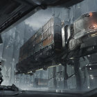 Solitary figure gazes at futuristic train in cavernous space