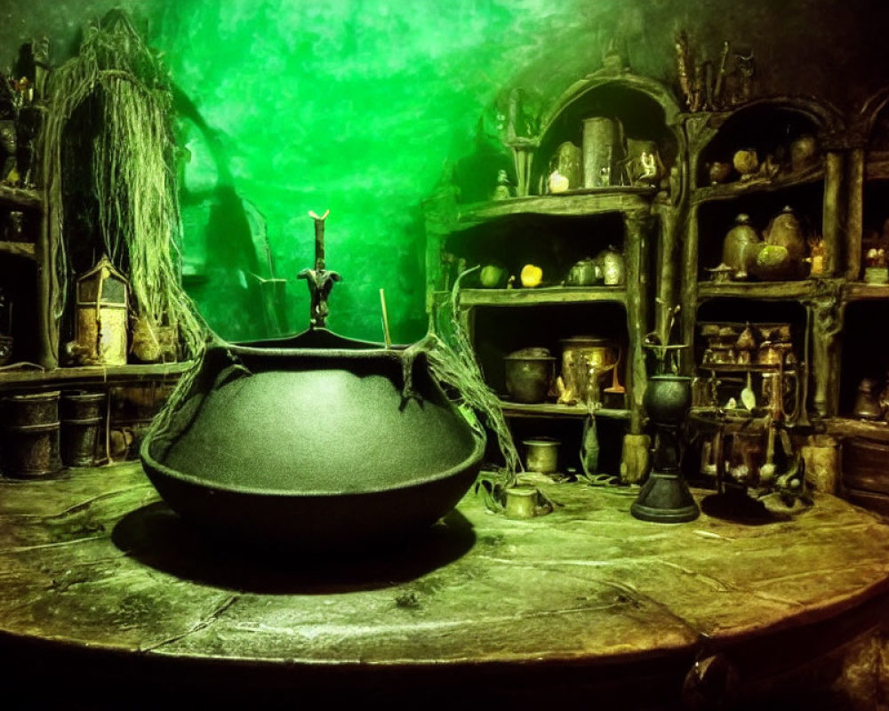 Dimly-lit witch's lair with cauldron, potions, and green glow