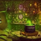 Mystical alchemist's lab with green potion, cauldron, shelves, books, artifacts