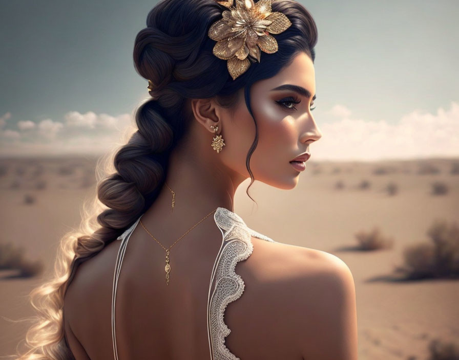 Illustrated woman with braided hairstyle and gold flower accessory in desert setting