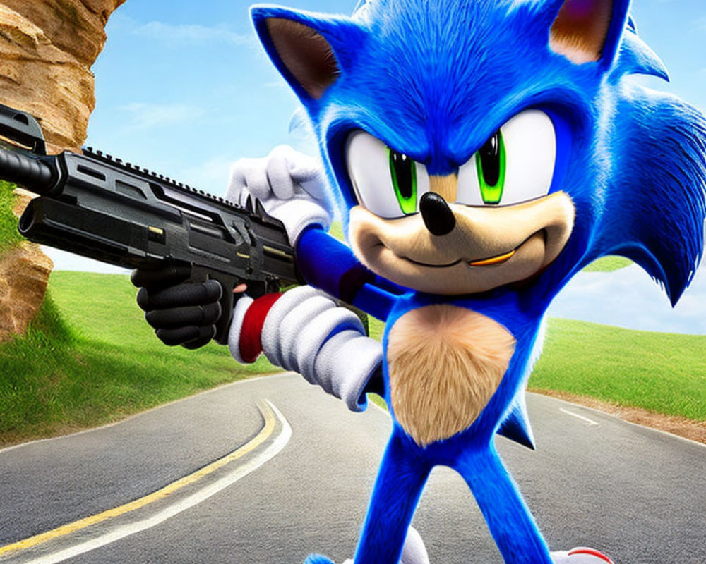 Illustration of Sonic the Hedgehog with a gun on grassy hills