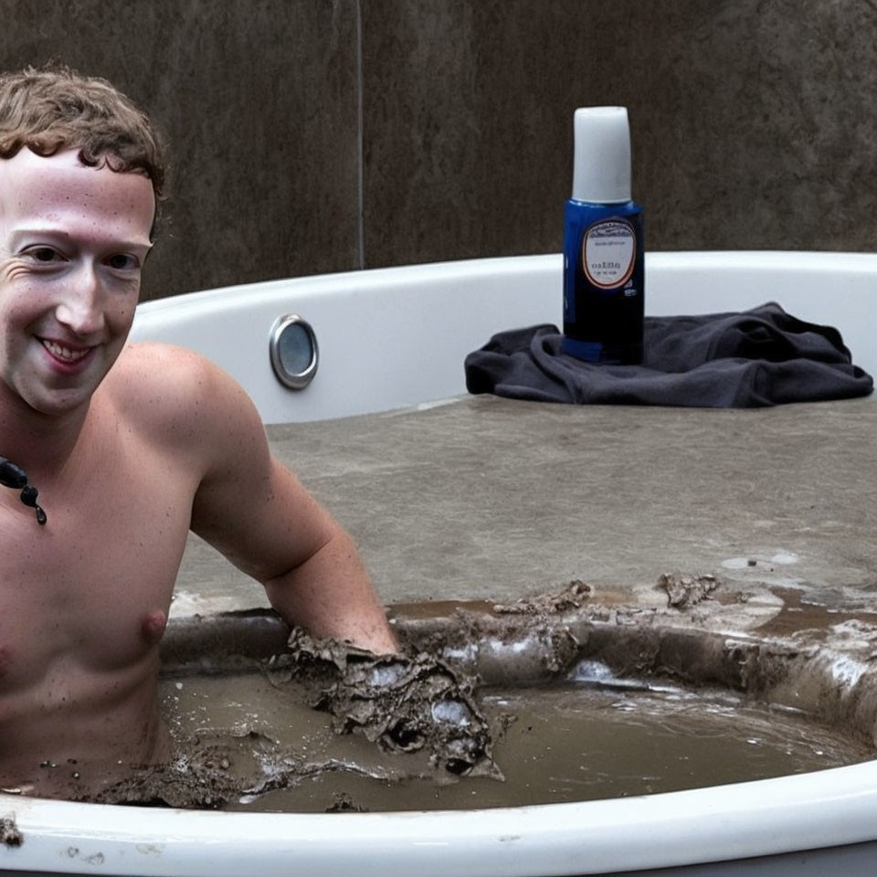 Smiling person in mud-filled bathtub with bottle and towel