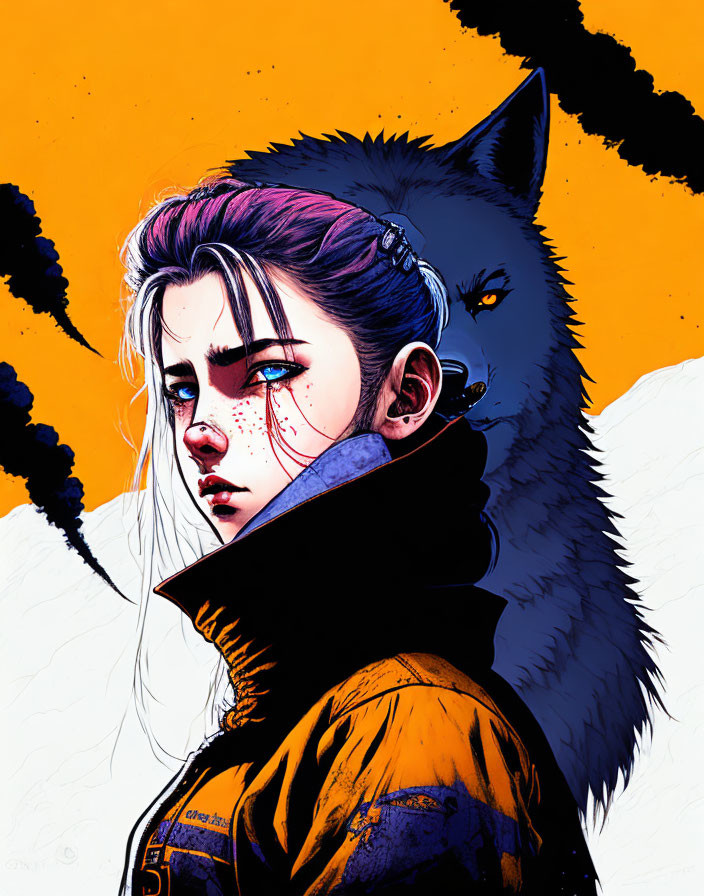 Purple-haired woman with freckles and wolf on yellow-black background.