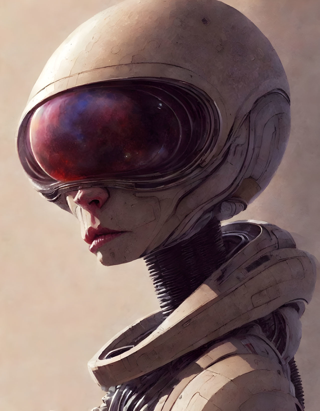 Detailed illustration of person in futuristic helmet with reflective visor