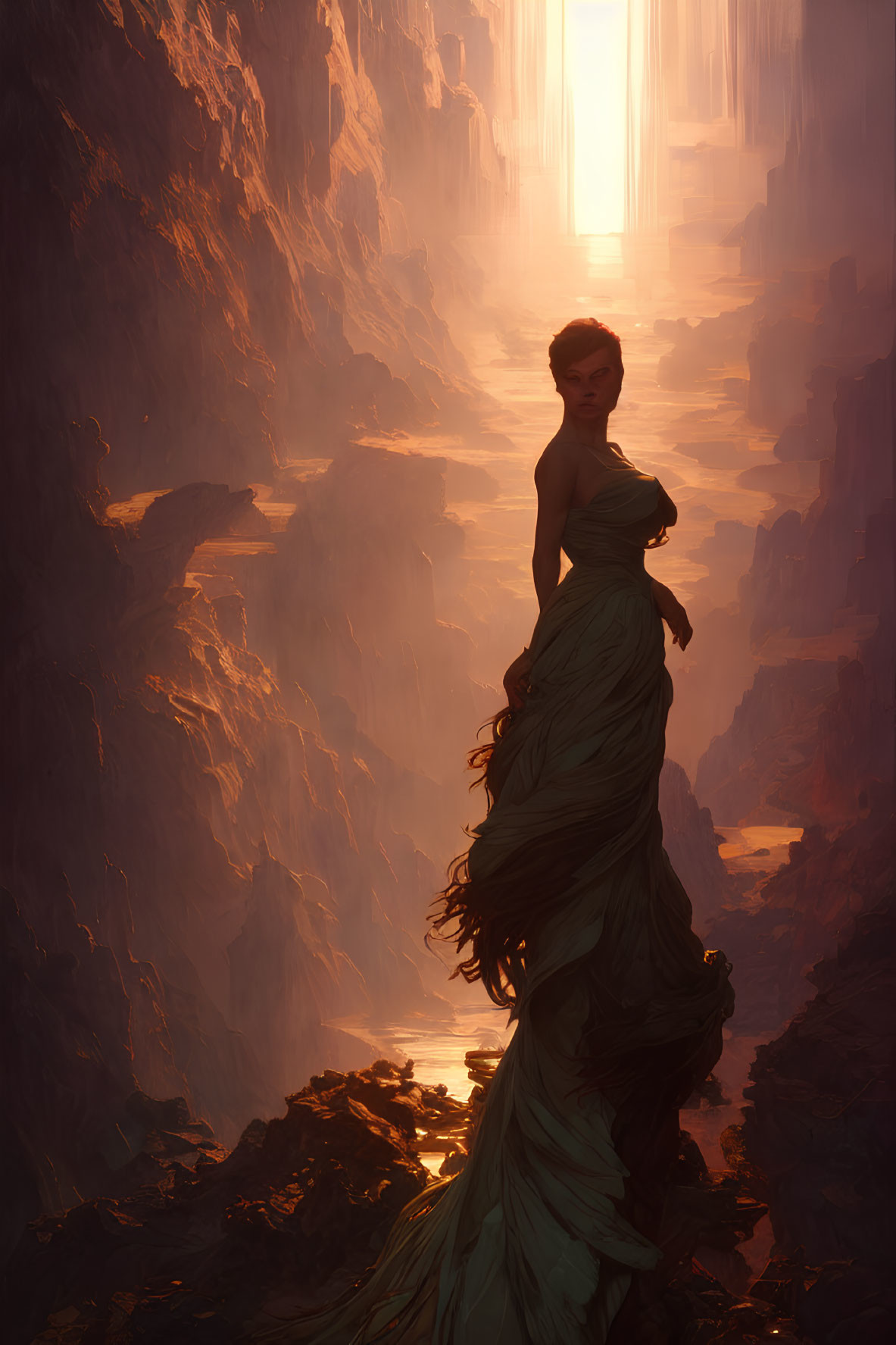Woman in Elegant Green Dress on Cliff Overlooking Golden Sunlit Canyon