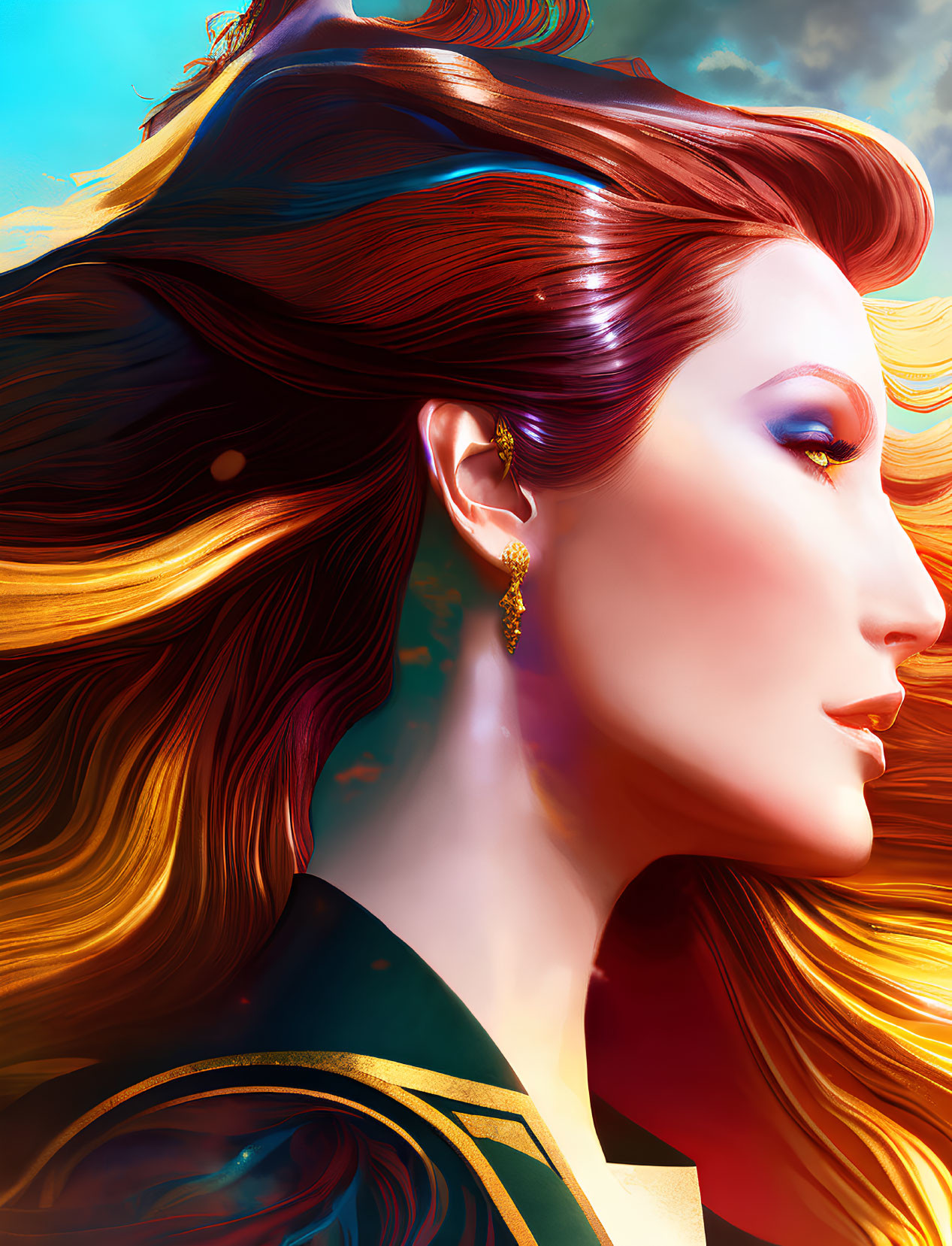 Colorful digital artwork: Woman with multicolored hair and ornate earring against vibrant sky