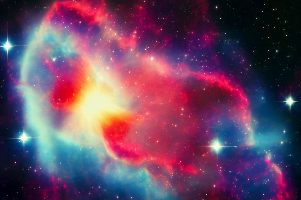 Vibrant red, blue, and purple nebula in starry space
