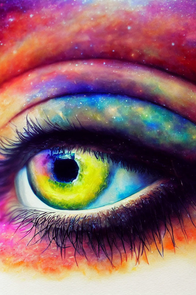 Close-up of vibrant galaxy-themed eye makeup in blue, purple, pink, and yellow