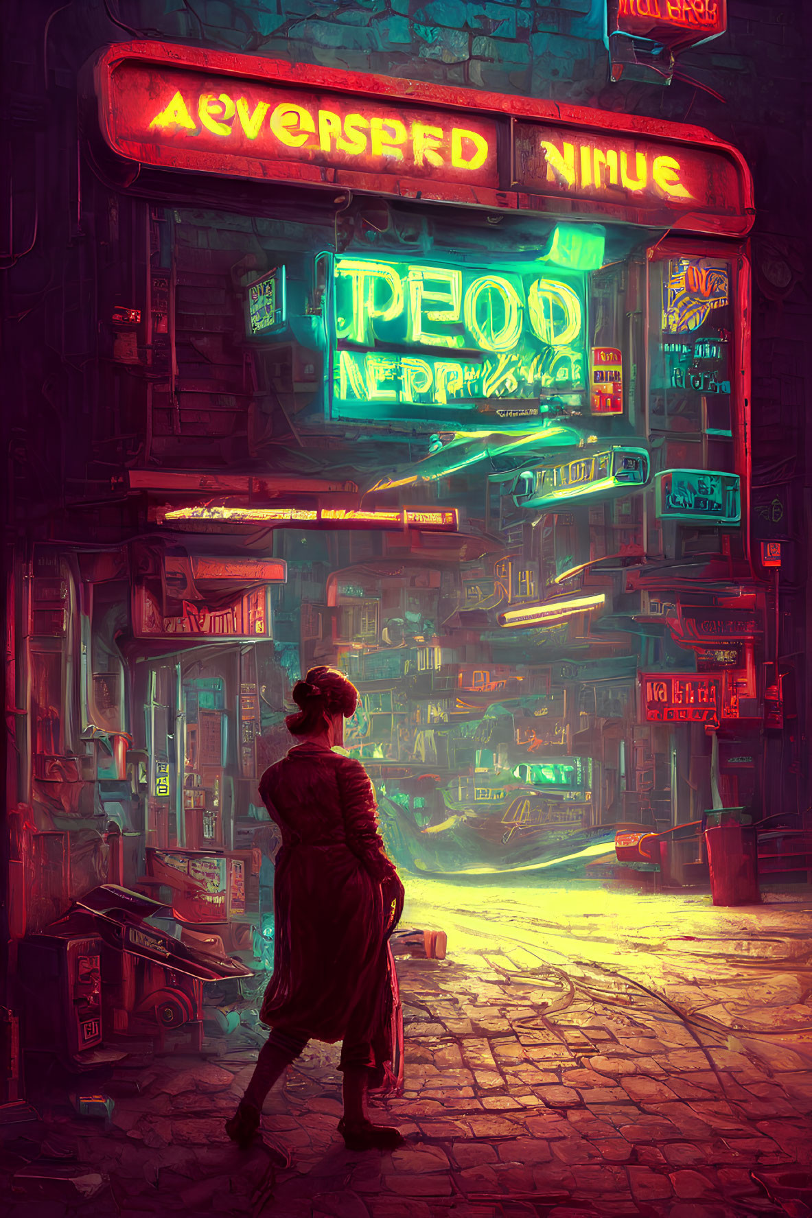 Neon-lit futuristic alley with vibrant signs and dystopian ambiance