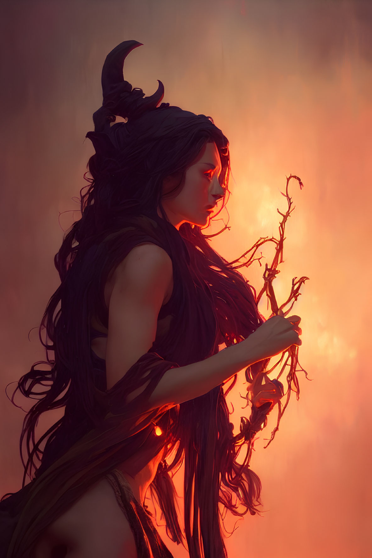 Mystical female figure with horns holding glowing branch in fiery backdrop
