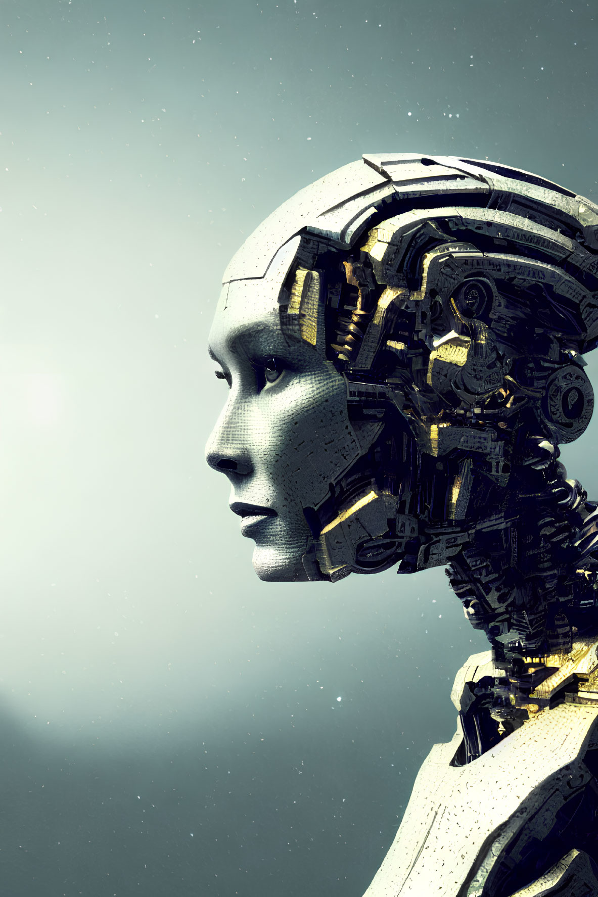 Detailed humanoid robot head with gold accents on gray background