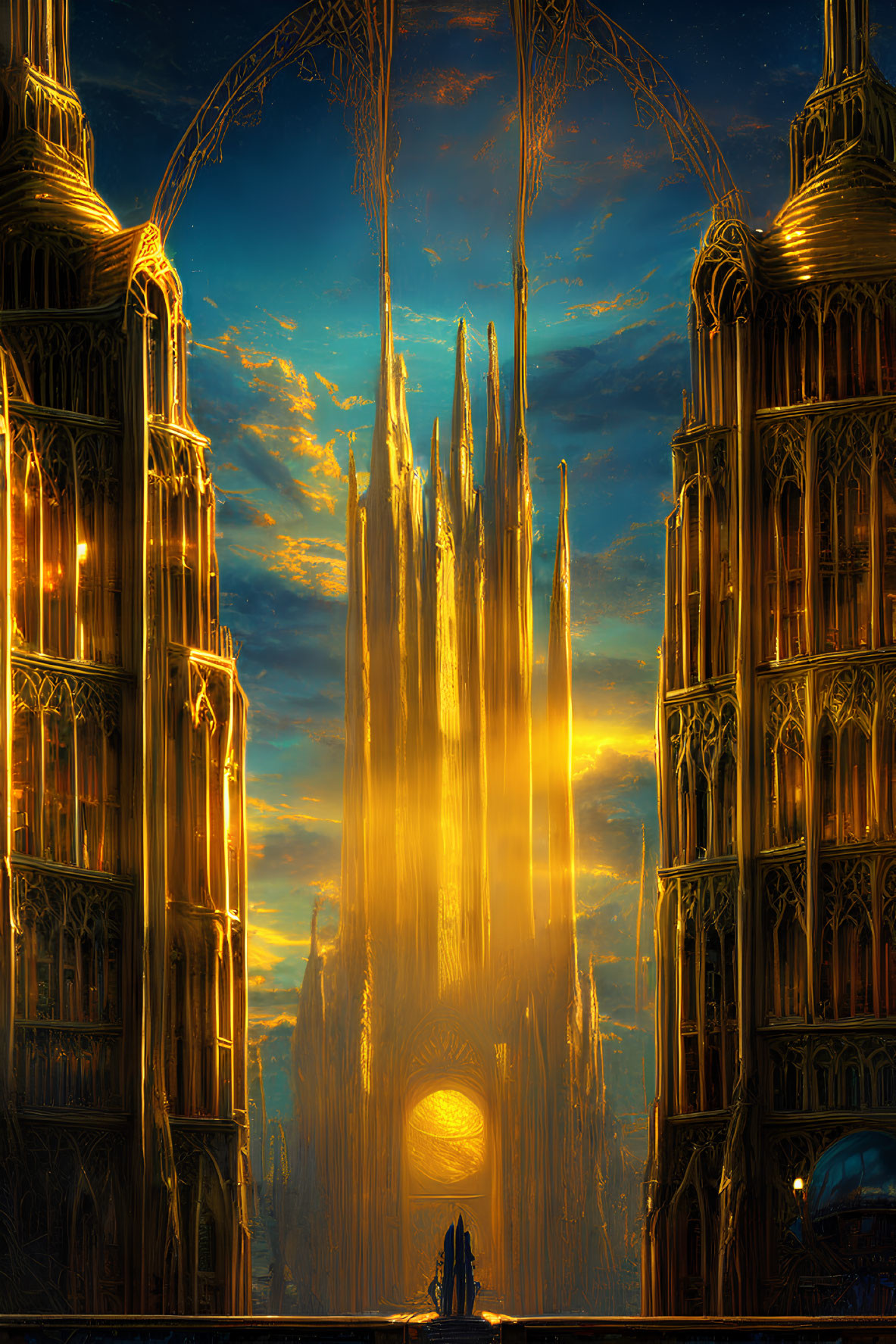Fantasy cathedral with soaring spires in vibrant sunset scene