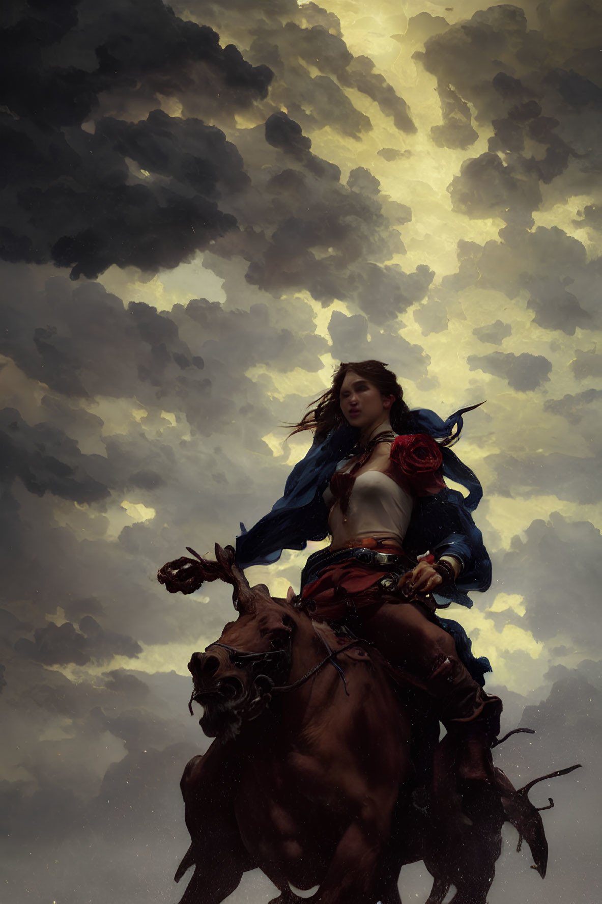 Fantasy-inspired image: Woman riding bull under dramatic sky