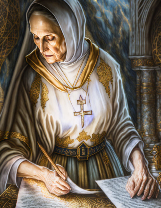 Elderly nun in traditional habit reading document with intricate golden patterns
