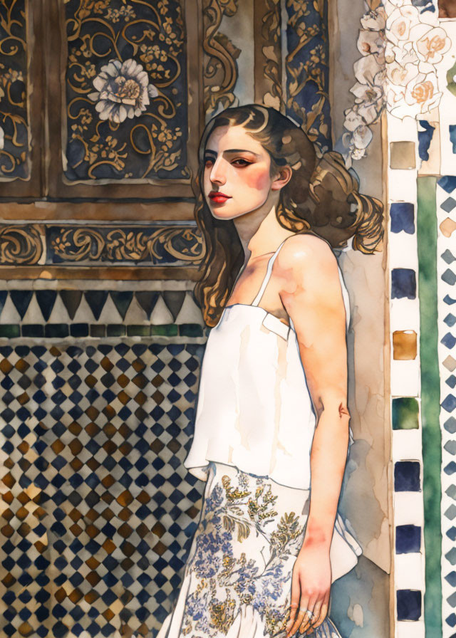 Woman in white top and floral skirt next to tiled wall.