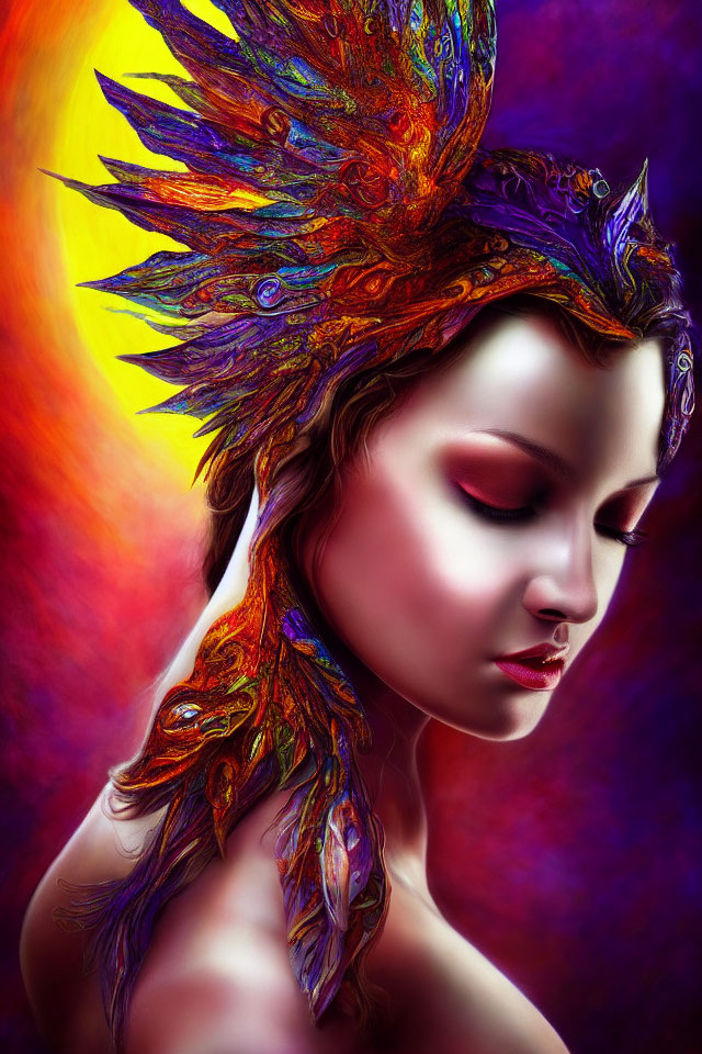 Colorful portrait of woman with vibrant phoenix feather headdress