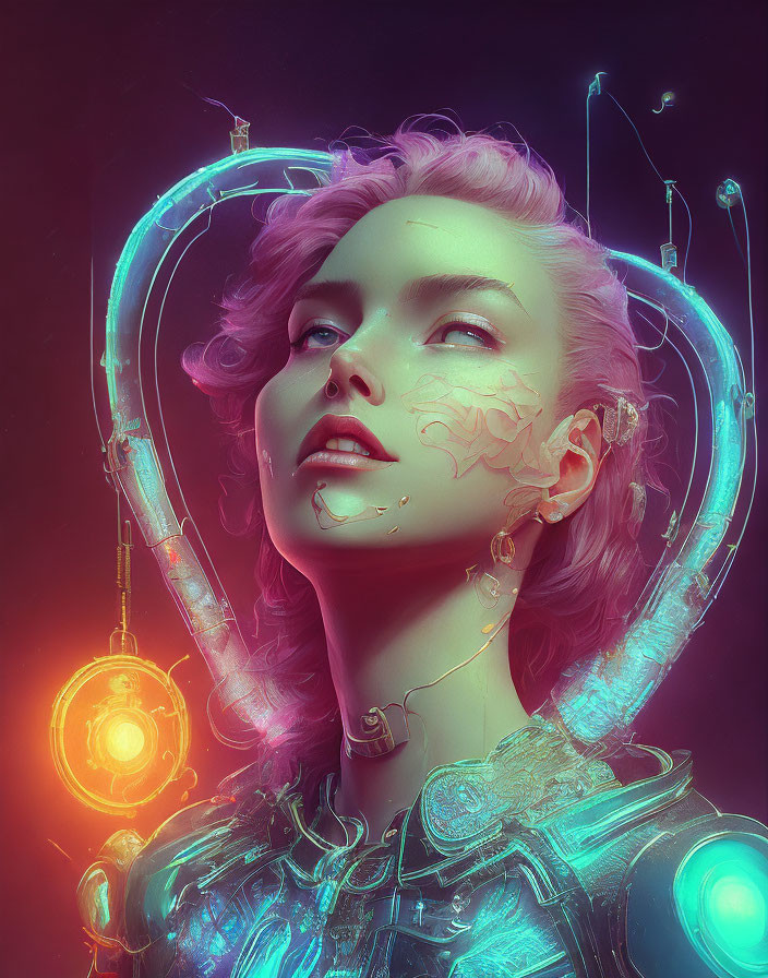 Futuristic female with cybernetic enhancements and vibrant pink and teal lighting