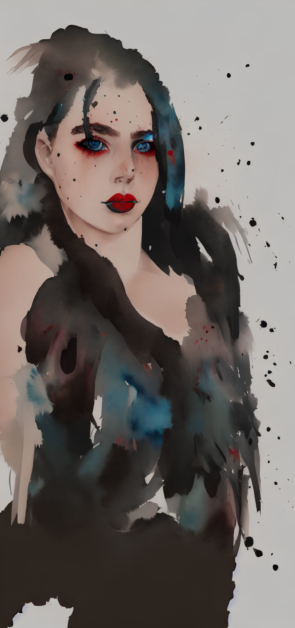 Woman with Striking Red Lips and Blue Eyes in Edgy Ink Splatter Illustration