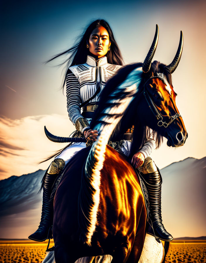 Female warrior on horned horse in armor at sunset.