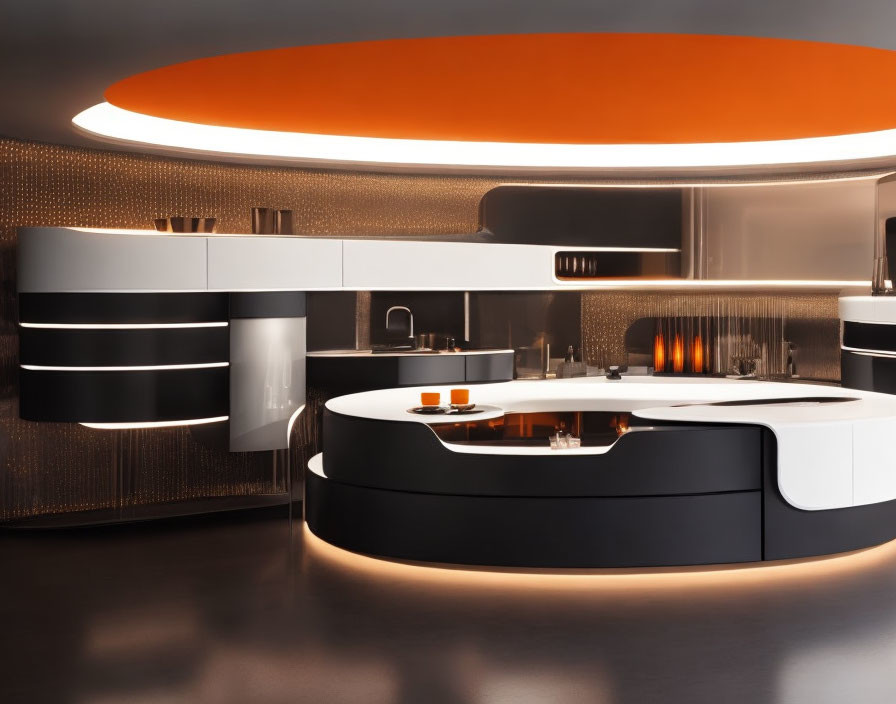Contemporary Kitchen with Black Cabinets and Orange Illuminated Ceiling