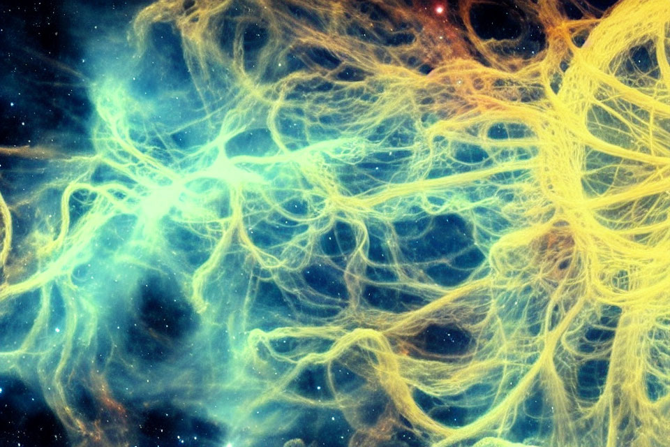 Colorful digital artwork: Cosmic threads in yellow and white on deep blue space.