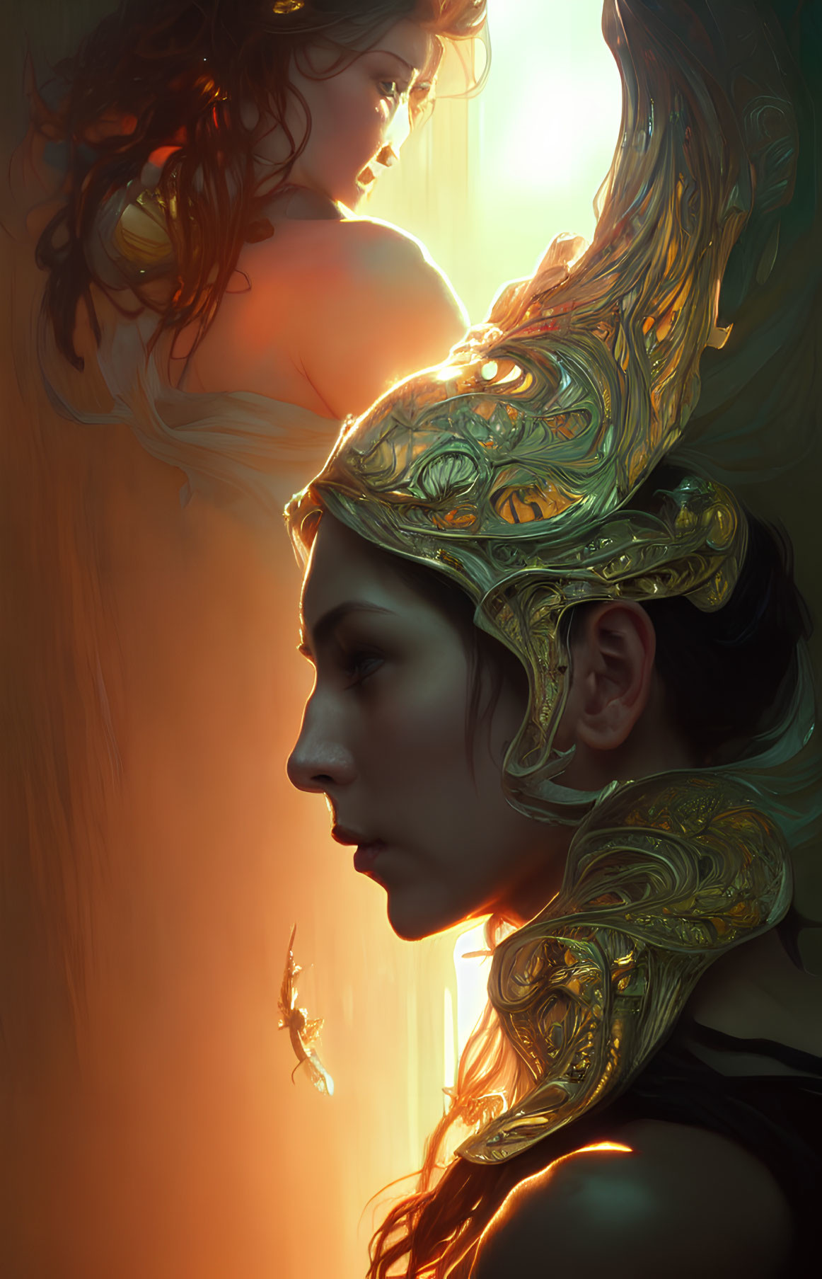 Ethereal woman with golden headpiece profiled beside winged figure
