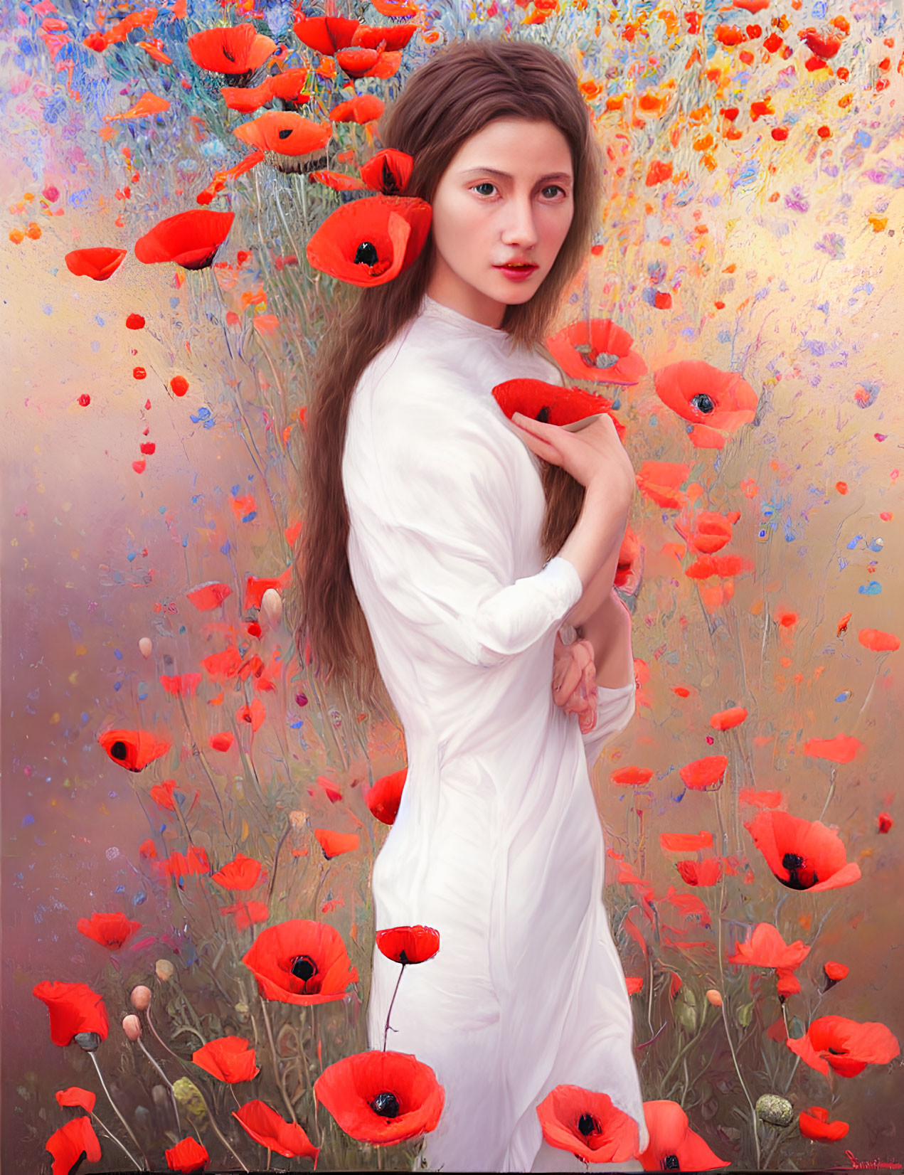 Woman in white dress surrounded by red poppies in vibrant field