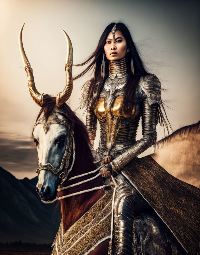 Ornate armor woman on horse with golden accents in dramatic sky