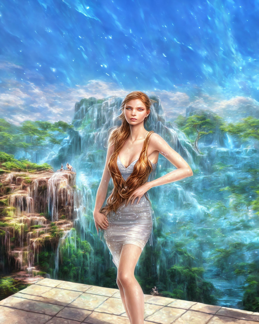 Digital artwork: Woman in shimmering dress by fantastical waterfall