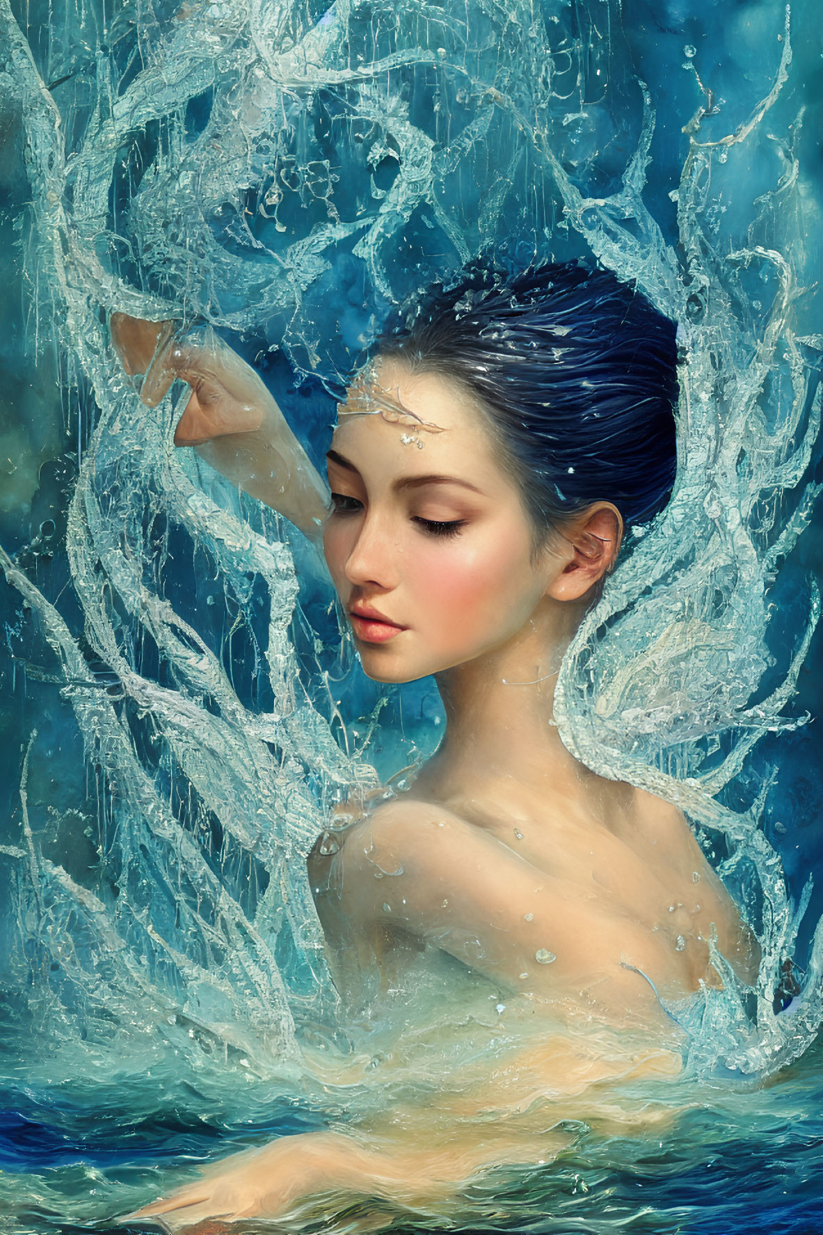 Woman with wet hair emerges from water in mystical scene