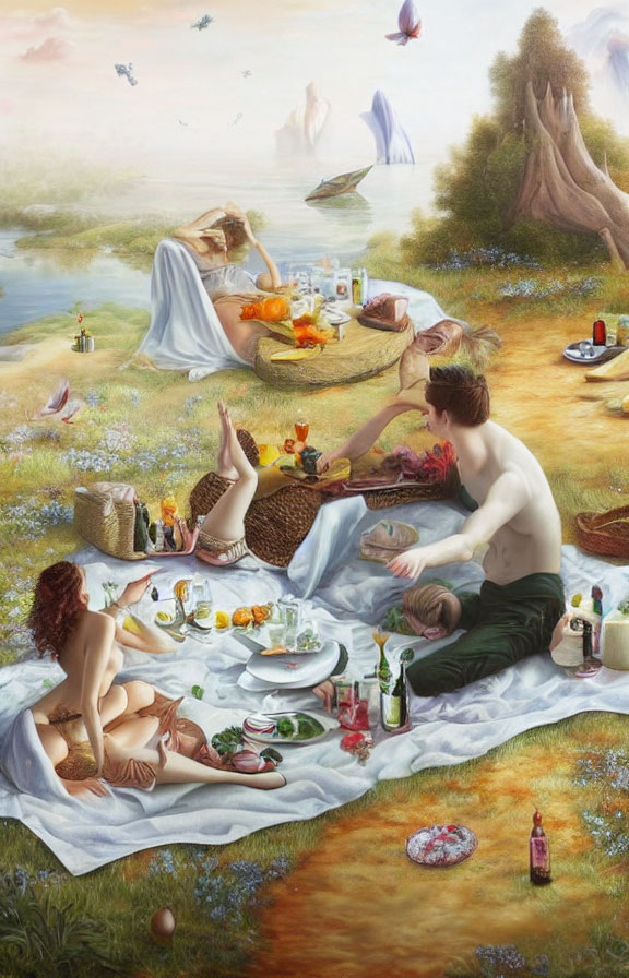 Surreal picnic scene with oversized fruit, tiny elephants, curious animals, and floating islands