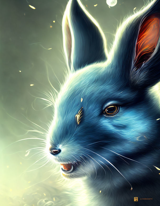 Colorful Illustration of Blue Rabbit with Glowing Eyes and Ethereal Light