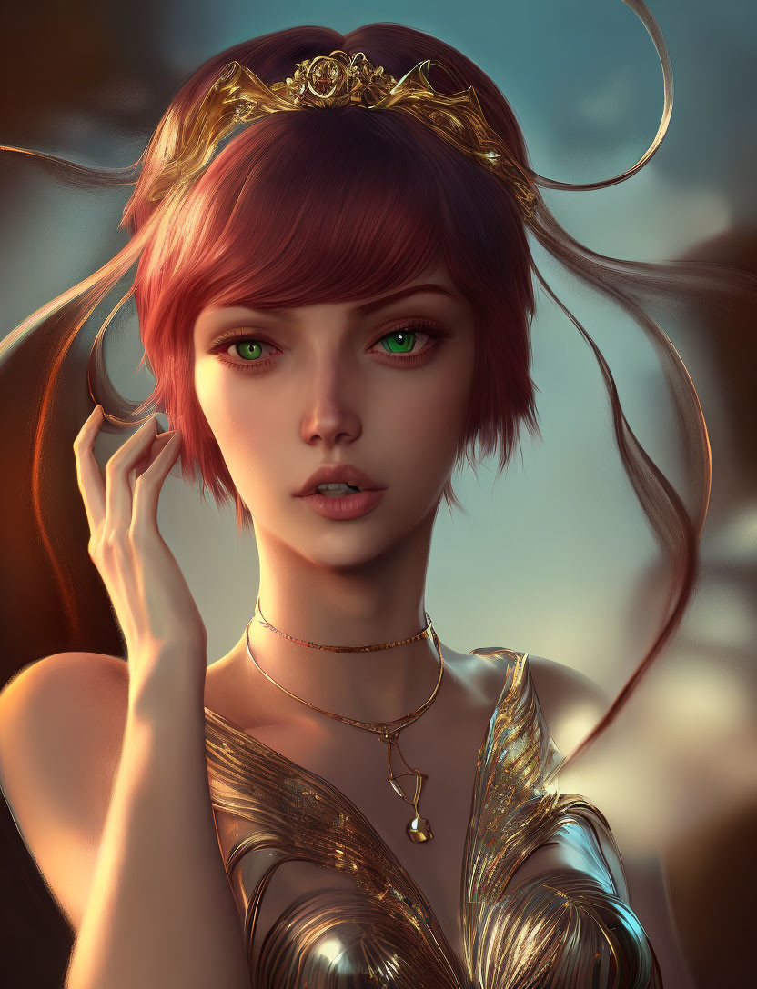 Stylized portrait of female figure with green eyes and red hair