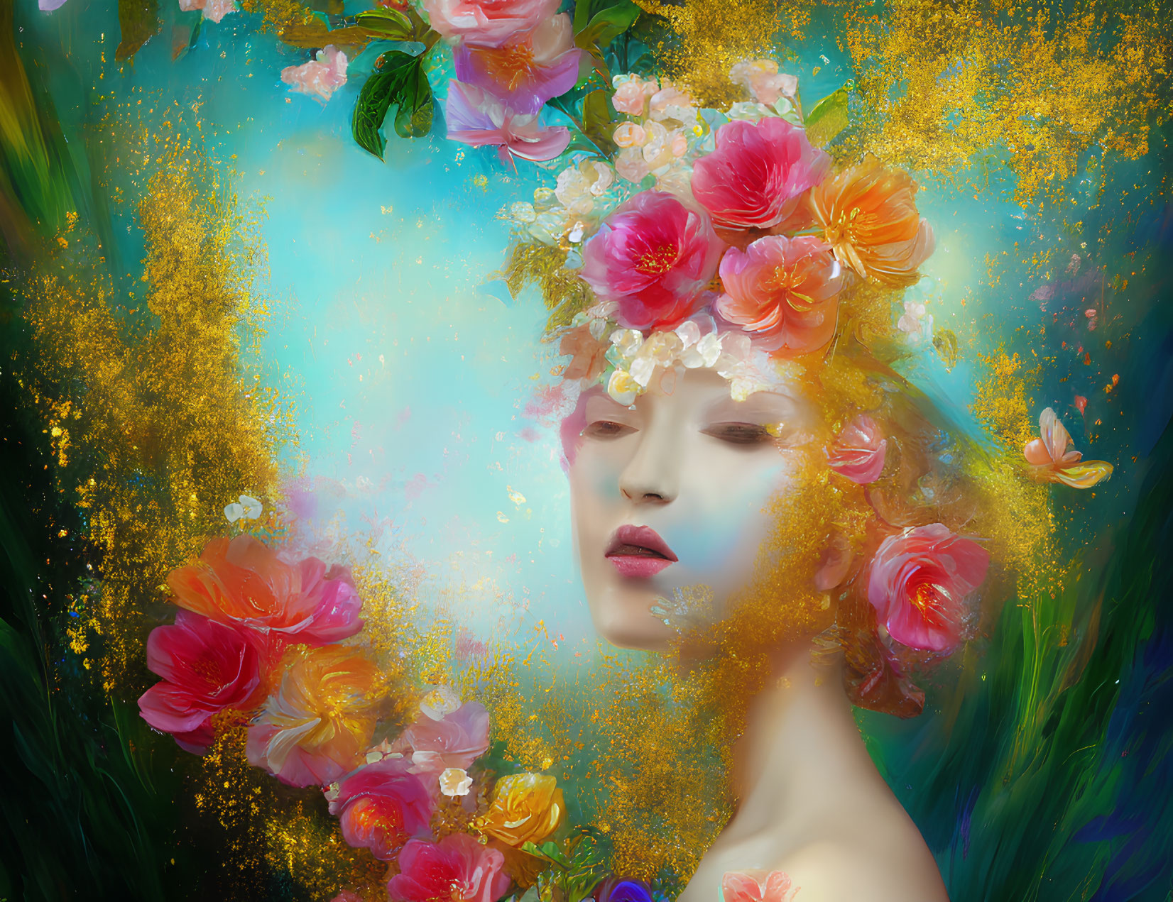 Vibrant flower-adorned woman in surreal golden mist on emerald backdrop