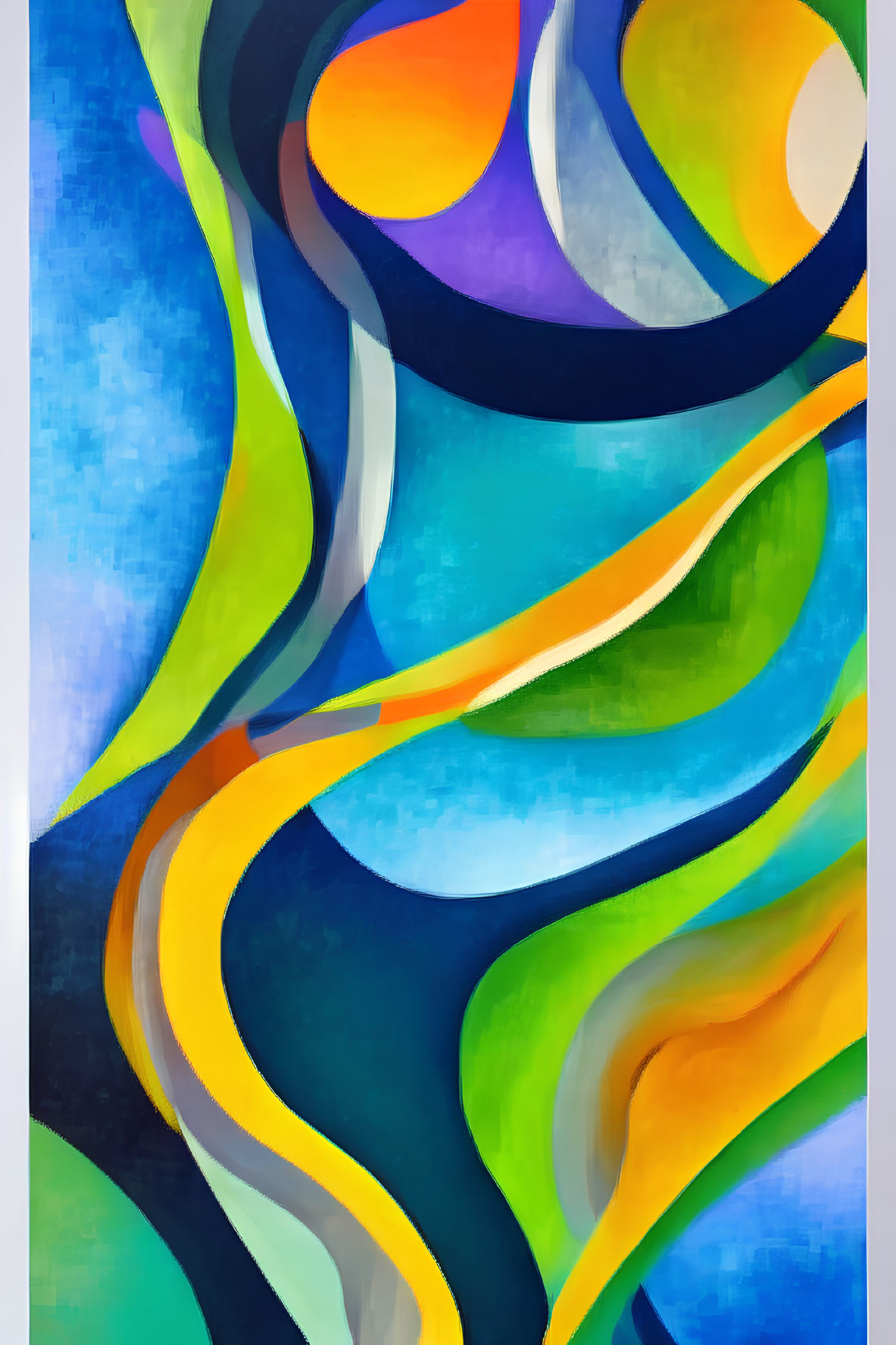 Vibrant abstract painting with undulating shapes in blue, orange, yellow, green, and purple