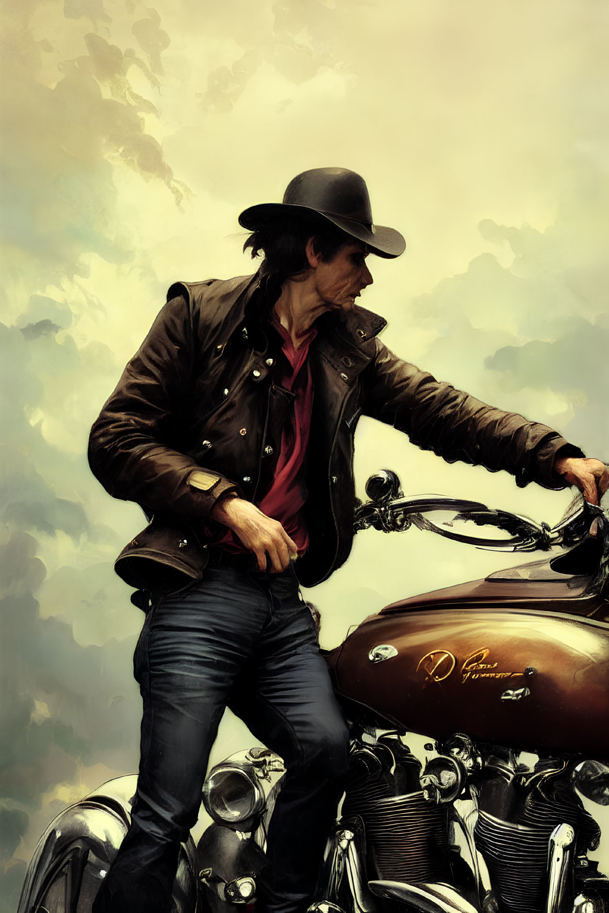 Man in black hat and leather jacket leaning on vintage motorcycle under cloudy sky.