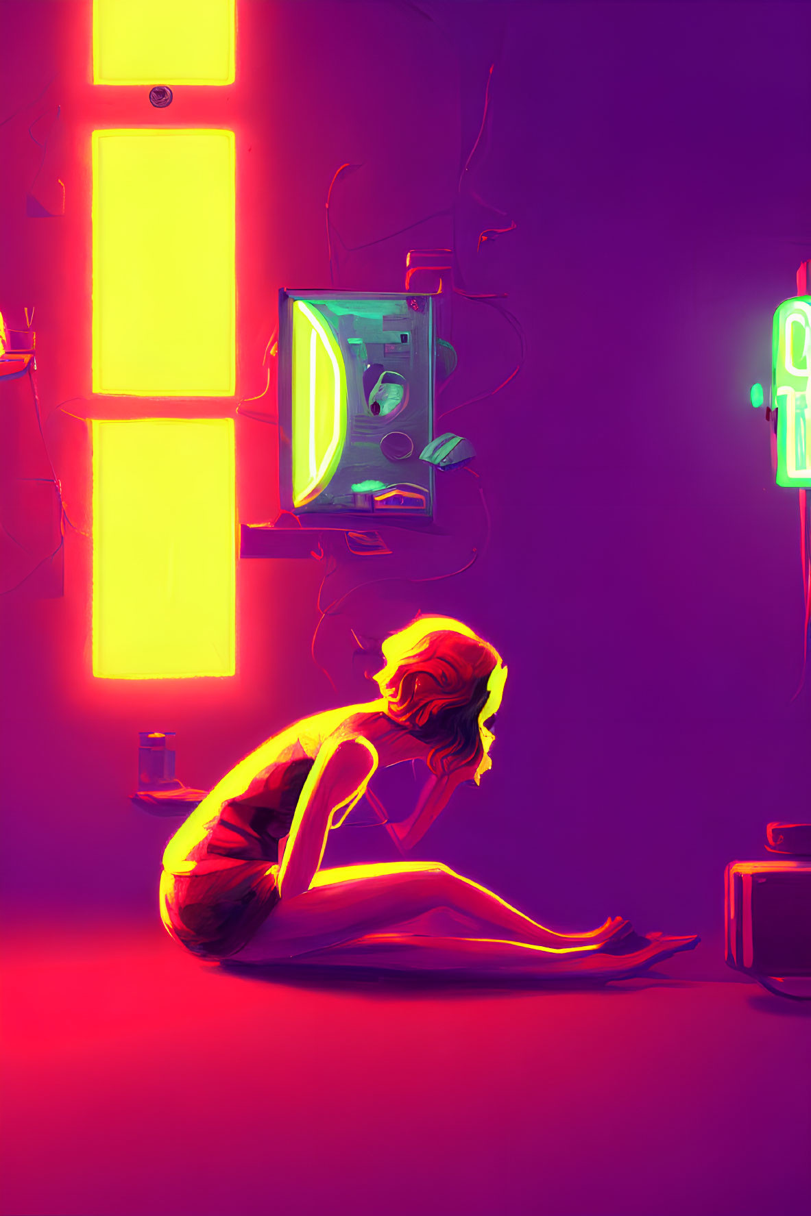 Woman sitting in neon-lit room with TV and signs