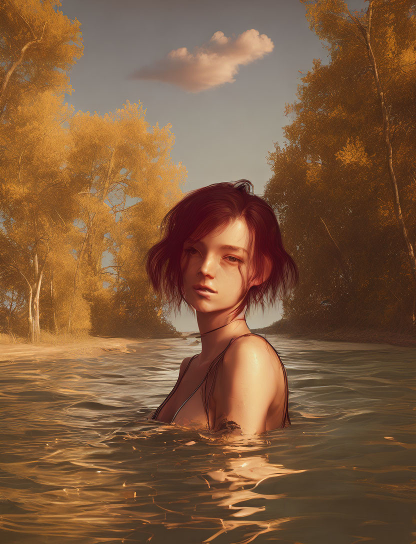 Person with Short Hair Submerged in Water in Tranquil Autumn Forest