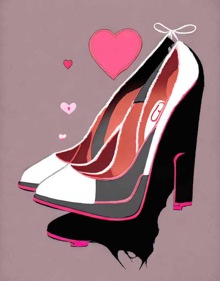 Stylish high-heeled shoes with hearts on pink background